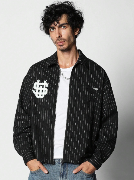 SUMWON Regular Fit Zip Front LS Stripe Shirt With Front & Back Print