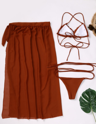 3pcs Coffee Chiffon Bandage Women Beach Bikini Sets Ruched New Halter Bikinis Cover Suit