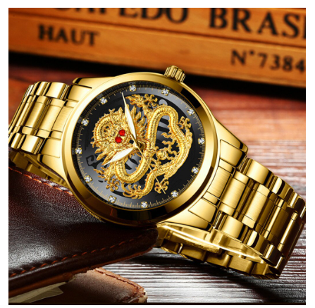 POSHI Men's Luxury Gold Watch Original Waterproof 30M Dragon Dial Quartz For Luminous Stainless Steel Strap M001