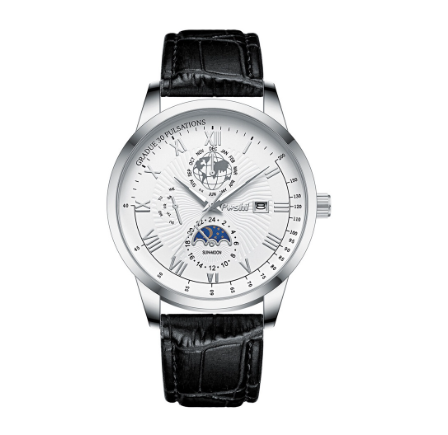POSHI Original Men Watch Luxury Brand Leather Casual Waterproof Quartz Fashion Wristwatch SILVER WHITE