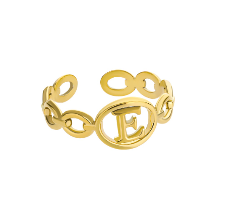 Kaijiang Hollow Initial Letter Rings For Women Gold Color Link Adjustable Open Ring Stainless Steel Jewelry Gift Fashion Accessories E