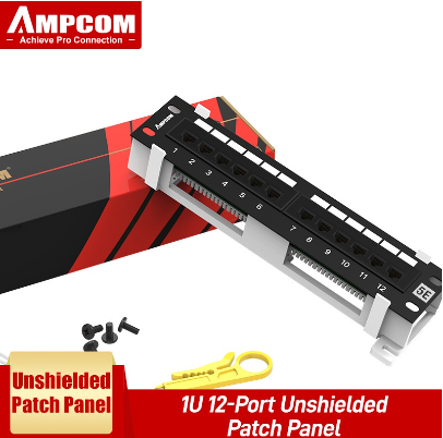 MPCOM 12-Port Patch Panel, CAT6A/ CAT6 UTP Mini Patch Panel with Wallmount Bracket Included Black