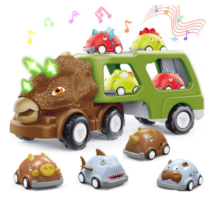 IBliver Dinosaur Toy Trucks For Boys Girls Age 4-7 4 Pull Back Car Toys Toddlers 1-3 1 Carrier Truck With Mist Spray Flashing Lights Music