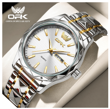 OPK Mens Watch Waterproof Original Quartz Luminous Calendar Stainless Steel Watch SILVER DIAL TWO TONE STRAP