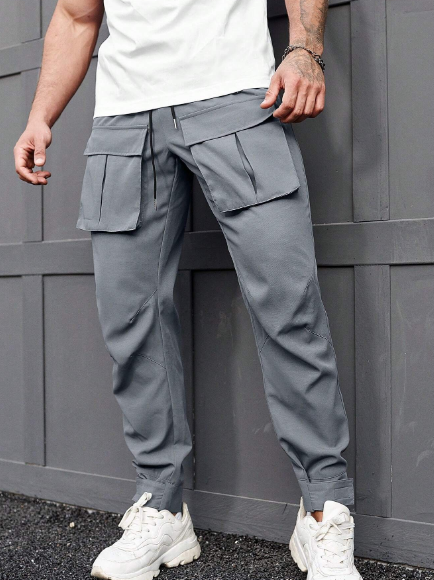 Manfinity Homme Men's Loose Fit Cargo Pants With Side Stripes, Pockets And Drawstring