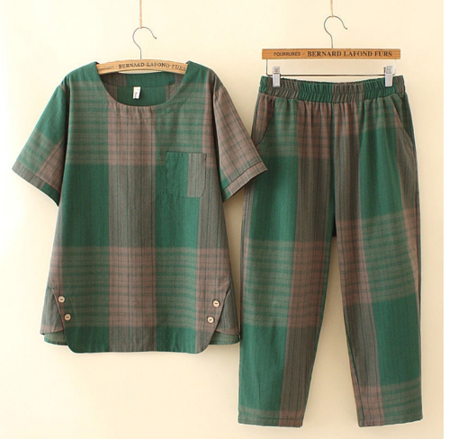 【Set Plus Size Women Suits Summer Korean Style Plaid Blouse + Casual Pants Loose Two-Piece Suit