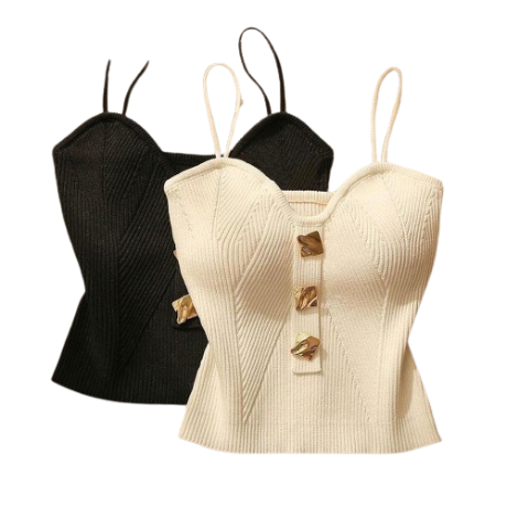 Lovito Women Casual Plain Button Metal Round Tank Top LNL38050 (White/Black)