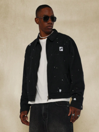 SUMWON Crop Zip Through Workwear Denim Jacket With All Over Paint Splattered