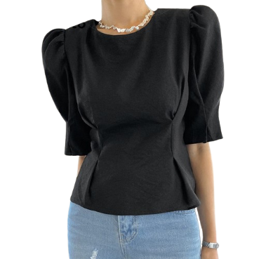 Lovito Women Casual Plain Pleated Puff Sleeve Blouse L74ED225