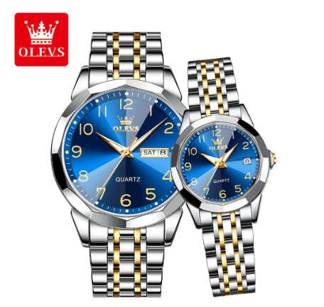 Olevs Couple Watch Original Waterproof Stainless Steel Strap Quartz Analog Watch for Couples Business Luminous Calendar Fashion Digital Man Women Watch BLUE DIAL TWO TONE