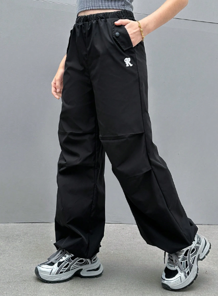 SHEIN Teen Girl Embroidery Letter Pattern Drawstring Waist Parachute Pants