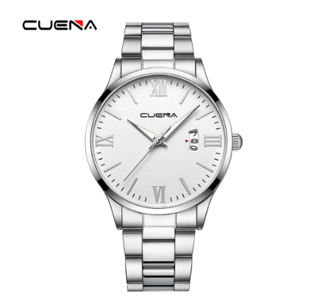 CUENA Original Brand New Men's Watch Simple Luxury Automatic Calendar Fashion Business Sports Stainless Steel Wristband Waterproof Watch SILVER WHITE