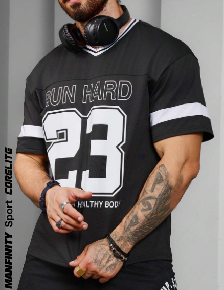 Manfinity Sport Corelite Men's Letter Stripe Printed V-Neck Short Sleeve Casual Sports T-Shirt