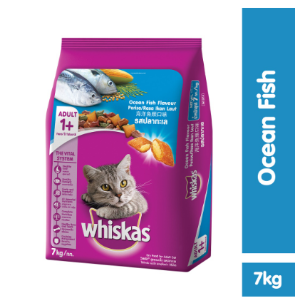 WHISKAS Cat Food Dry 7kg. Ocean Fish Flavor Pet Food - Cat Food for Adult Cats Aged 1+ Years