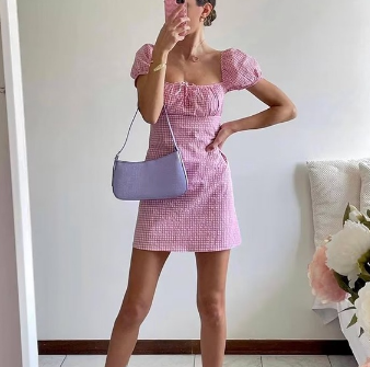 Temperament Plaid Short Sleeve Mini Dress