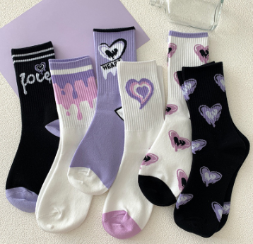 Female's Purple Socks Middle Tube High Beauty Fried Street Autumn and Winter Ins Fashion American Foreigner Long Tube Cartoon Sports