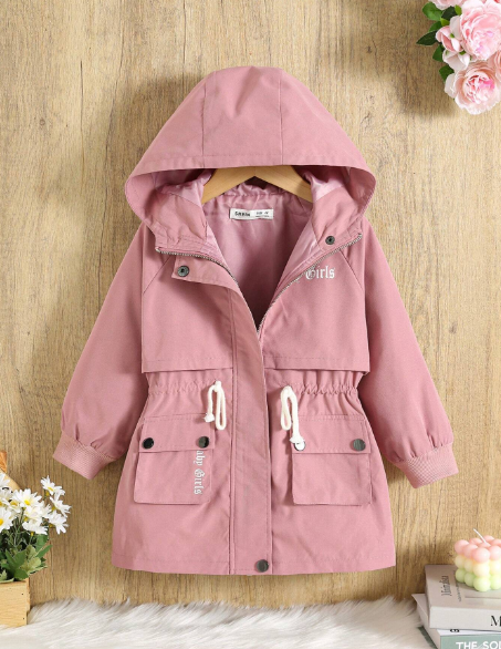 Young Girl's Solid Color Cargo Hooded Loose Waist Casual Jacket