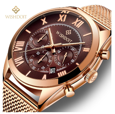 WISHDOIT Watch For Men Original Waterproof Stainless Business Quartz Fashion Luminous Wristwatch BROWN 2