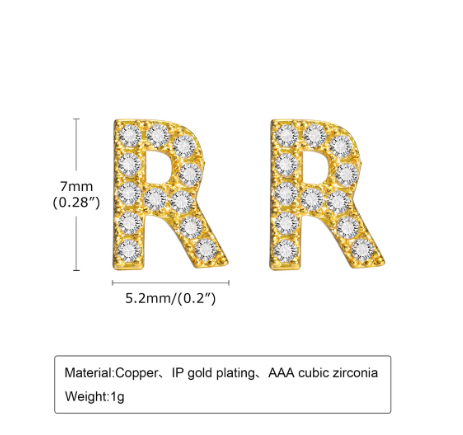 Vnox Gold Zircon Cubic Letter Stud Earrings,Initial Alphabet Small Hypoallergenic Earring One Pair R