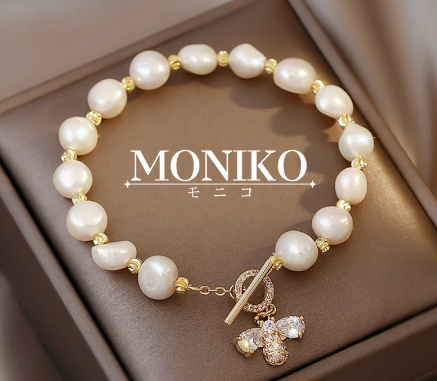 Moniko Luxury 18K Gold Plated Bee Flower Natural Freshwater Pearl Bracelet Jewelry Shiny Zircon