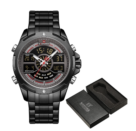 Naviforce Men's Luxury Gold Digital Chronograph Military Sport Quartz Stainless Steel Waterproof Alarm WristWatch RED BLACK