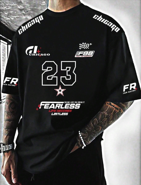 Plus Size Men's Fashionable Racing Casual English Text T-Shirt