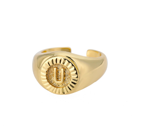 Maxzone Vintage Initial Letter Signet Rings For Women Stainless Steel Ring Round Opening Gold Letter Ring Aesthetic Wedding Jewelry Gift U