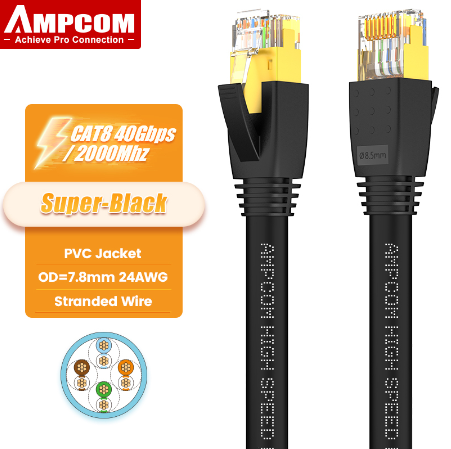 AMPCOM CAT8 Ethernet Cable, 40Gbps Super Speed RJ45 CAT8 Network Cable Gold Plated Connector , S/FTP RJ45 CAT8 Internet Cable