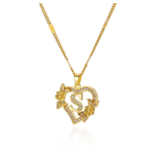 Zircon Stainless Steel Heart Flower Letter Necklaces For Women Gold Color A-Z Letter Heart Necklace S