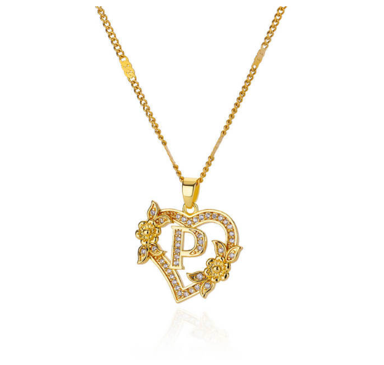 Zircon Stainless Steel Heart Flower Letter Necklaces For Women Gold Color A-Z Letter Heart Necklace P