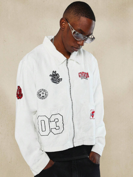 SUMWON Cropped Worker Zip Through Denim Jacket With Embroidery & Patches
