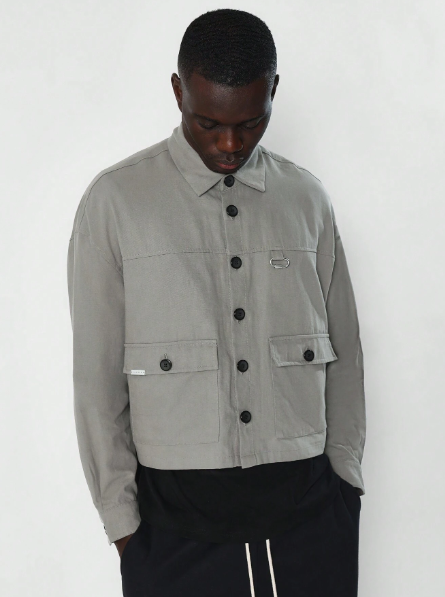SUMWON Crop Fit Long Sleeve Workwear Shirt With Sleeve Patch