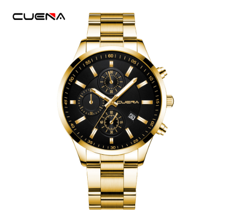 CUENA Original Men's Watches Stainless Steel Fashion Luxury Casual Business Quartz Analog Waterproof Watch GOLD BLACK