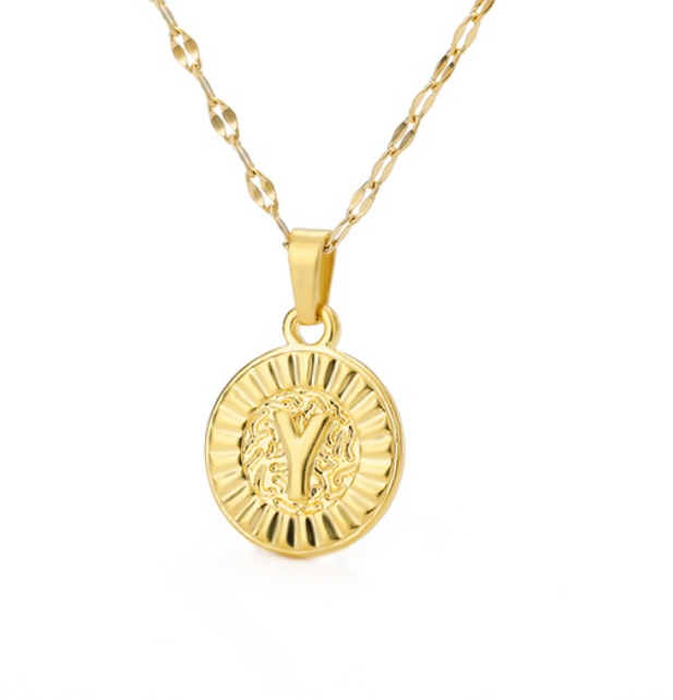 Maxzone A-Z Initial Round Letter Pendant Necklace For Women Stainless Steel Gold Choker Coin Letter Necklace Y