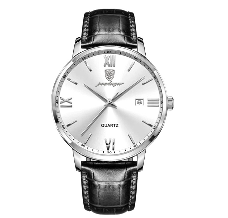 POEDAGAR genuine leather watch for men waterproof 2023 original branded ultrathin calendar luminous casual quartz watch SILVER