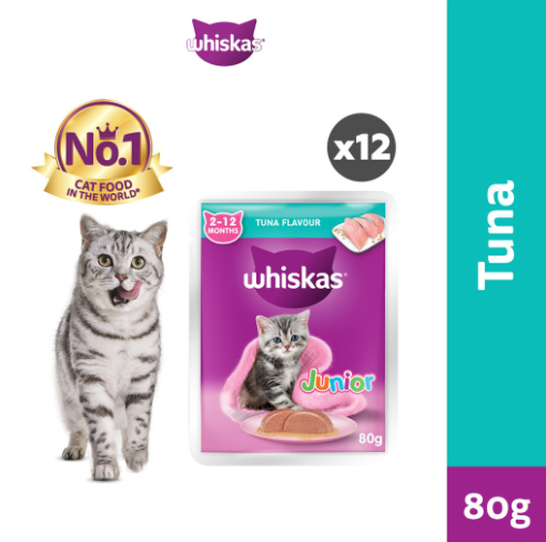 WHISKAS Junior Wet Food For Kittens Tuna Flavor 80g Pouches (12-Pack)