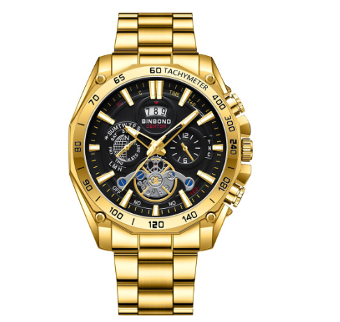 Binbond Fashion Luminous Calendar Luxury Waterproof Stainless Steel Student Watch Men's Tourbillon Gift Steel Band Three Eyes Six Hands Watch m1