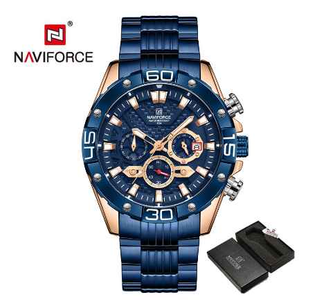 Naviforce NF8019 Men's Luxury Gold Business Classic Quartz Clock Analog Chronograph Sport Waterproof Steel Band Wrist Watch BLUE ROSEGOLD