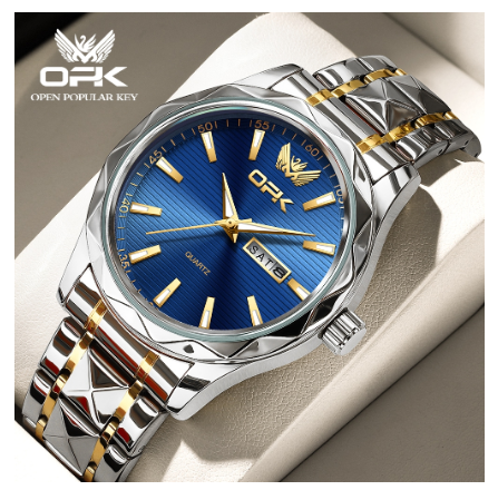 OPK Mens Watch Waterproof Original Quartz Luminous Calendar Stainless Steel Watch BLUE DIAL TWO TONE STRAP