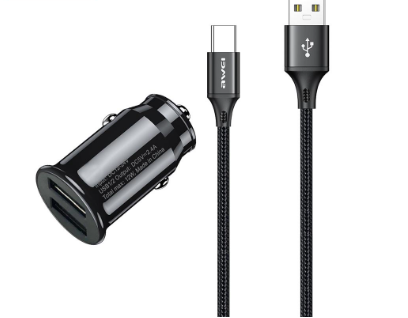 Awei C-826T 5V 2.4A 12W Mini Dual USB Car Charger Super Fast Charger And Type-C Cable Chargers