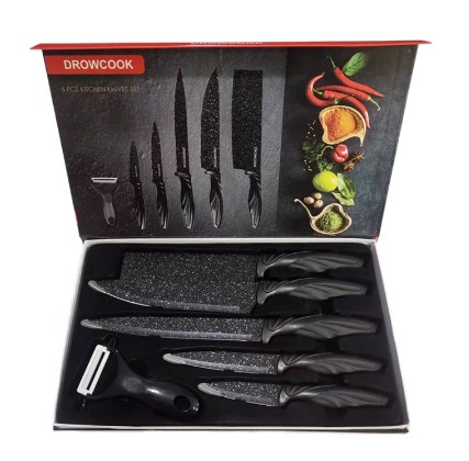 6PCS Chef Knives Set Black Blade Paring Utility Santoku Kitchen Slicing Bread Cooking Knives Set Tool