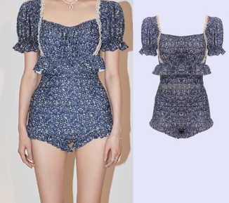 Women Floral Frill One-Pieces Lne06175 Blue