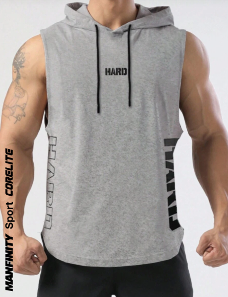 Manfinity Sport Corelite Men's Fashionable Printed Sleeveless Hooded Sports T-Shirt Workout Tops