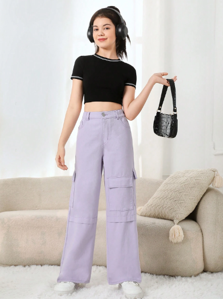Teenage Girls' Street Style Cargo Purple Denim Jeans