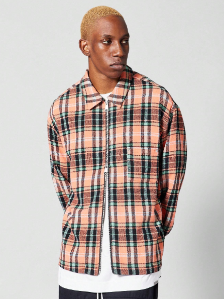SUMWON Zip Through Checked Long Sleeve Shirt