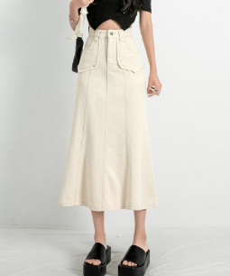Lovito Casual Plain Pocket Zipper Fishtail Midi Denim Skirts for Women LNE09201 Apricot