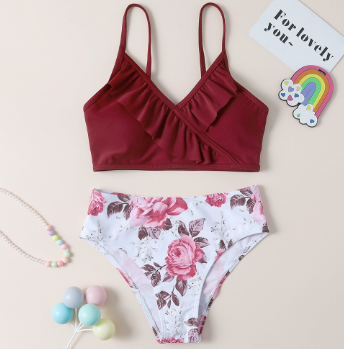 Ruffle Girl Swimsuit Kids Floral Children's Swimwear for Girls 7-14 Years V Neck Girl Bikini Set Pad
