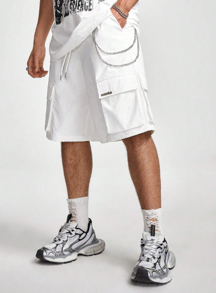 Manfinity StreetEZ Men Summer Metal Letter Detail Drawstring Waist Cargo Pocket Casual Shorts Holographic I My Boyfriend