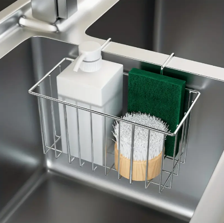 1pc Rustproof Stainless Steel Sink Caddy Organizer, Sponge Holder, Brush Soap Dishwashing Liquid Drainer Basket, Durable Kitchen Accessories