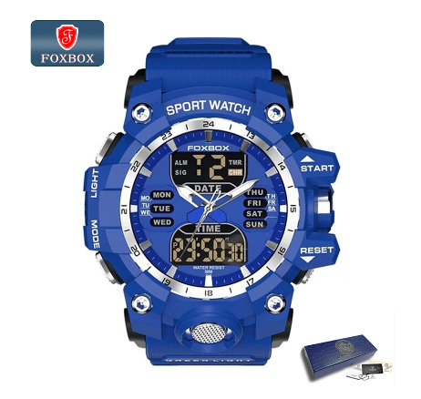 FOXBOX Original Electronic Digital Watch Men Electronic Sport Waterproof Watch BLUE